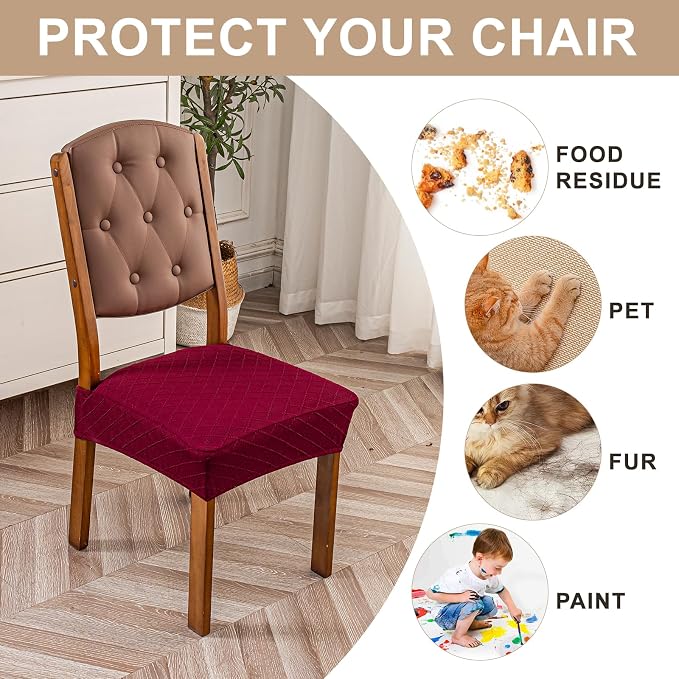 Genina Waterproof Seat Covers for Dining Room Chairs Covers Dining Chair Slipcovers Protector, No Rear Covers (Wine Red, 6 Pcs)