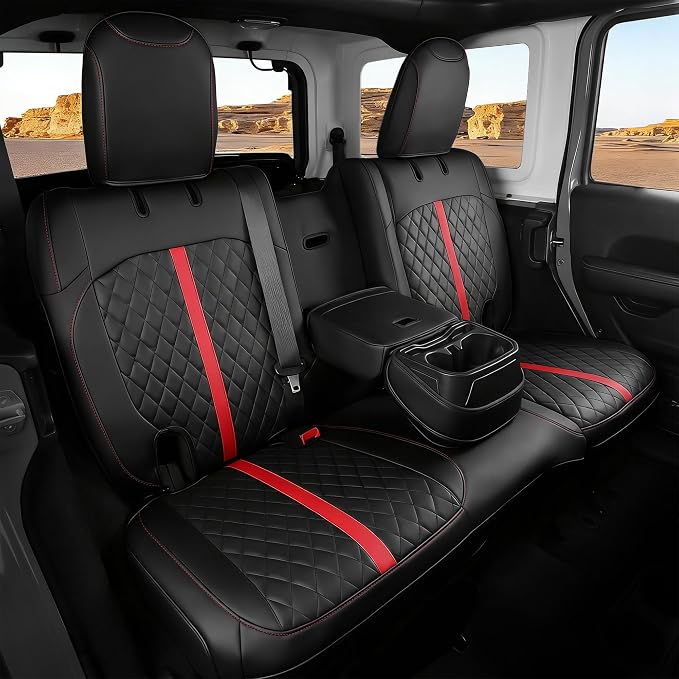 for Jeep Wrangler Seat Covers 4Door JL 2018 2019 2020 2021 2022 2023 2024 2025 2026, Custom Car Seat Cover Full Set, Luxury Waterproof Leather Protectors, Black Red Trim, with Rear Cup Holder