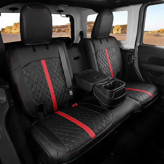 for Jeep Wrangler Seat Covers 4Door JL 2018 2019 2020 2021 2022 2023 2024 2025 2026, Custom Car Seat Cover Full Set, Luxury Waterproof Leather Protectors, Black Red Trim, with Rear Cup Holder