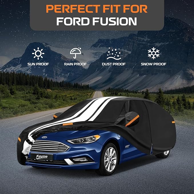 Kayme Heavy Duty Car Cover Custom Fit for Ford Fusion (2005-2020) Waterproof All Weather for Automobiles, Gift with Tape/Towel, Outdoor Full Exterior Cover Rain Snow Sun UV Protection.