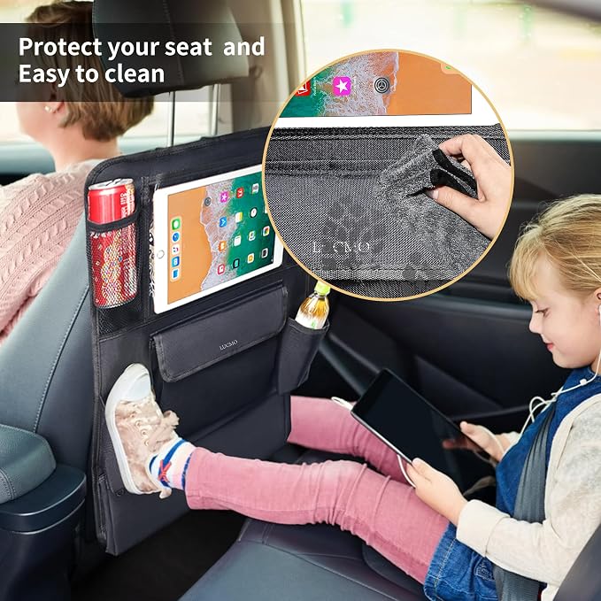 LUCMO Car Backseat Organizer with Touch Screen Tablet Holder, Black | 9 Storage Pockets,Clear Tablet Holder,Protectors Kick Mats,Travel Accessories,Seat Cover,Road Trip Essentials