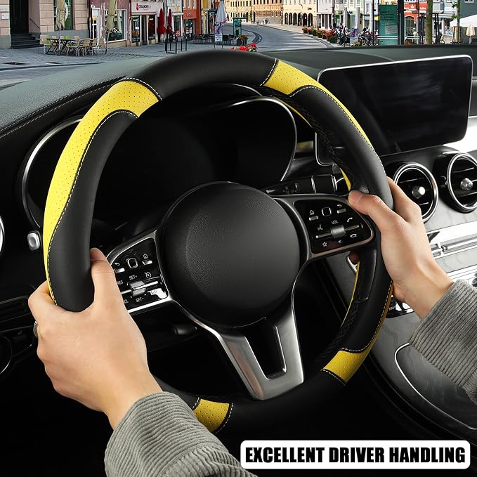 Black Yellow Breathable Microfiber Leather Steering Wheel Cover | Breathable Anti Slip Grip Cool Sporty Look Glow for Women Men