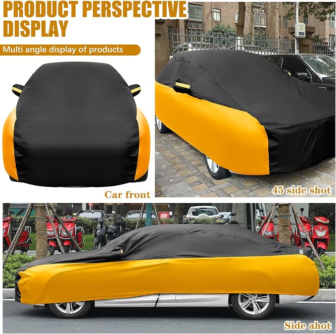 Riakrum Full Car Cover Waterproof All Weather for Automobiles Windproof Cover Rain UV Protection Sun Scratch Resistant Outdoor Universal(Fit XL SUV Length (191-205''),Black, Orange)