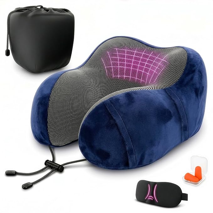100% Memory Foam Neck Support Pillow with Adjustable Snap Buttons & Head Support – 4-in-1 Kit with 3D Eye Mask, Earplugs & Washable Cotton Cover – Neck Pillow for Plane Travel, Car, Train & Bus (Blue)