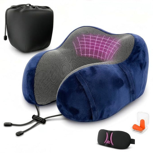100% Memory Foam Neck Support Pillow with Adjustable Snap Buttons & Head Support – 4-in-1 Kit with 3D Eye Mask, Earplugs & Washable Cotton Cover – Neck Pillow for Plane Travel, Car, Train & Bus (Blue)