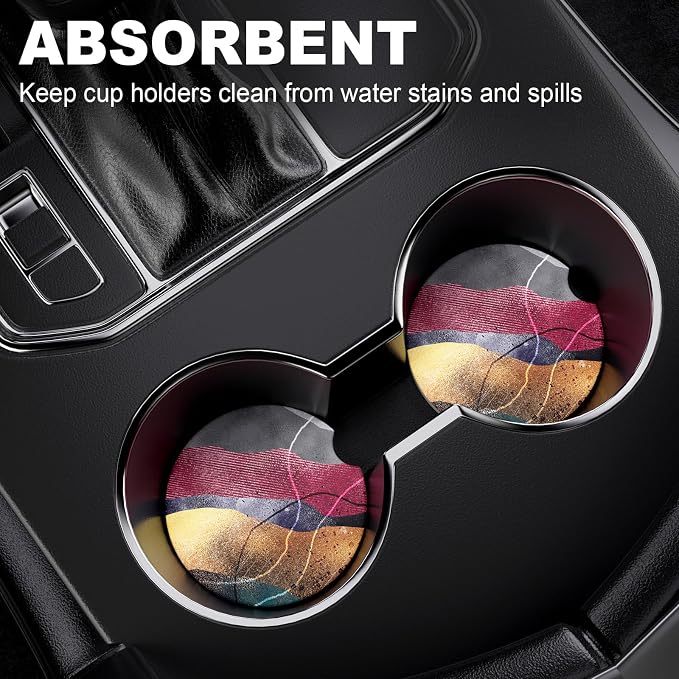 2 Pack Car Cup Holder Coaster, 2.63 inch Anti Slip Insert Absorbent Ceramic Car Coaster with Cork Base and Finger Notch, Cute Car Accessories Interior for Women, Cute Car Coasters., CH0025