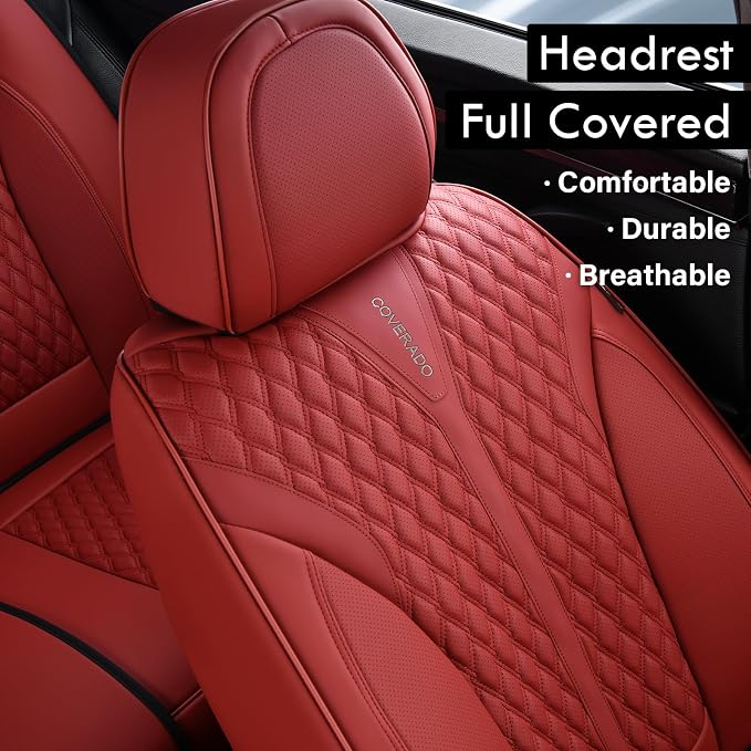 Coverado Front Seat Covers, Luxury Nappa Leather Seat Covers, Car Seat Covers Waterproof, 2 Pack Universal Seat Covers for Cars, Car Seat Protector, Driver Seat Cover Fit for Most Cars, Red