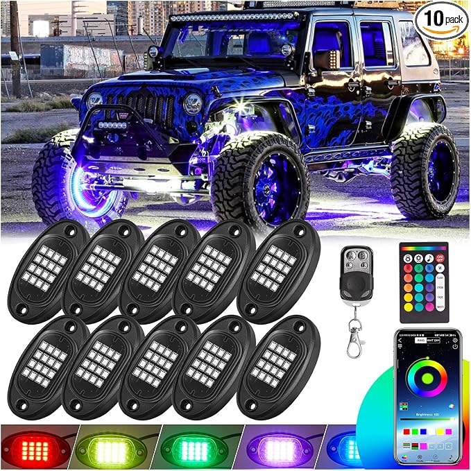 10 Pods RGB LED Rock Lights for Truck ATV UTV Golf Cart Offroad RZR Pickup SUV, Waterproof Multicolor Underglow Kit for Cars with APP Music Mode, Vehicle Underbody Light Underneath Accent 12V