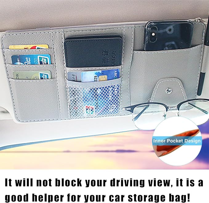Augeny Car Sun Visor Organizer, Leather Personal Belonging Storage Pouch with Zipper, Car Visor Storage Pouch Sunglasses Holder, Auto Interior Accessories Pocket Organizers (Gray)