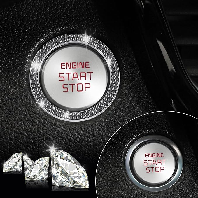 LivTee 2 PCS Crystal Double Rhinestone Car Engine Start Stop Decoration Ring, Bling Car Interior Accessories for Women, Push to Start Button Cover Sticker, Automotive Decals, Glossy Black
