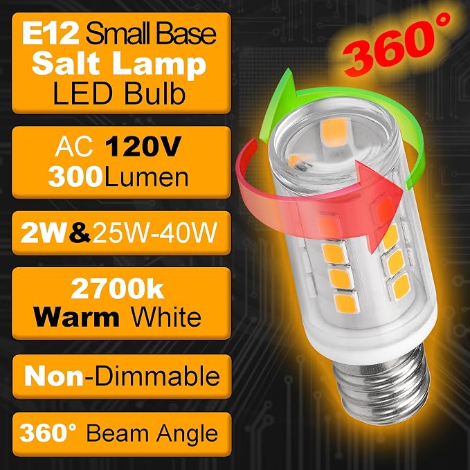 2W C7 E12 LED Himalayan Salt Lamp Bulb 300lm Warm White 2700K 120V, 2 Pack | Candelabra Base, Equivalent 25W-40W, for Night Light Chandelier Christmas Lighting Dryer Refrigerator Bulb, Non-dimmable