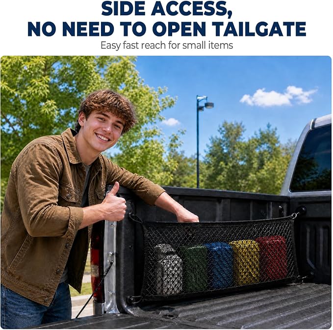 Side Cargo Net for GMC Sierra, Chevy Silverado, Dodge RAM 1500 2019-2026 | Heavy Duty Mesh Tailgate Net for Tools,Groceries,Keeping Truck Beds Tidy. Firm Grip Prevents Cargo From Sliding While Driving