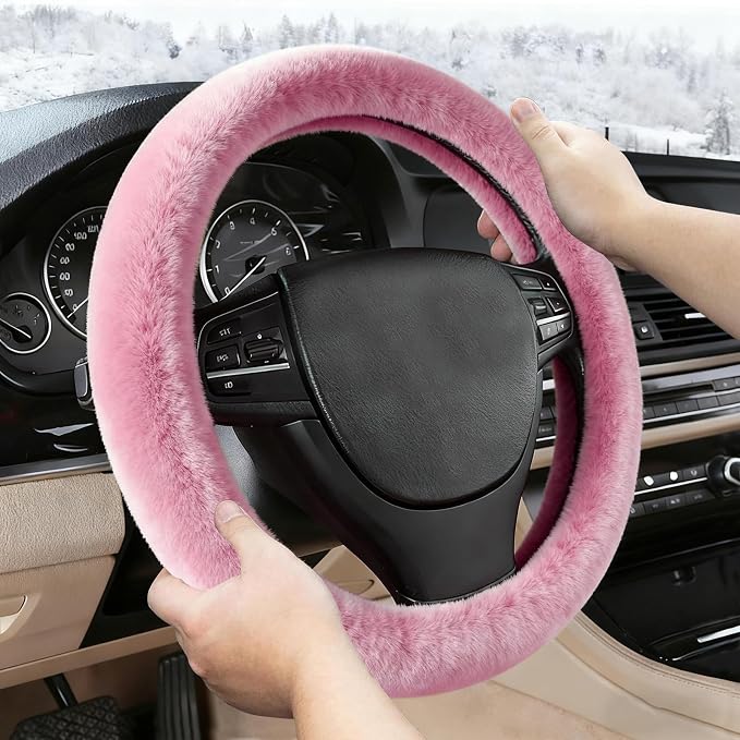 Furry Warm Steering Wheel Cover, Universal 14.5-15 Inch Winter Plush Warm Steering Wheel Cover, Soft Fluffy, Anti-Slip Design, Soft Texture (Pink)