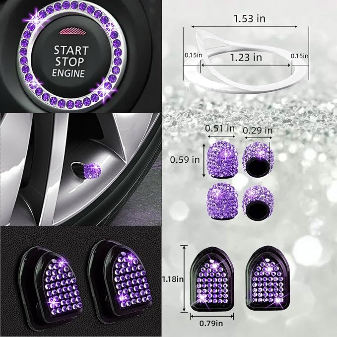 NBTEPEM 30 Pcs Purple Bling Car Accessories Set for Women, Purple Steering Wheel Cover Set, Bling Console Cover, Seat Belt Cushion, Shift Knob Cushion, Cup Coaster, Rhinestone Car Hanging Accessories