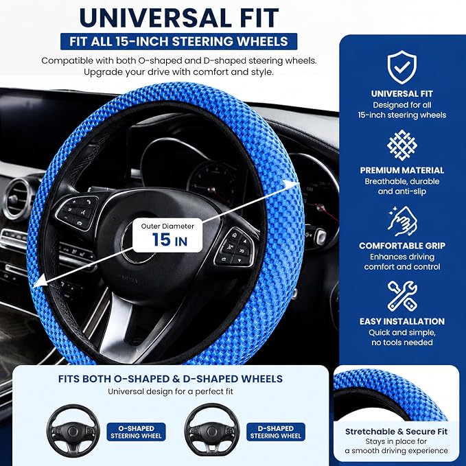 Mesh Ice Silk Cooling Car Steering Wheel Cover for Men Women,Summer Universal Breathable Stretch Anti-Slip Wheel Cover 14.5-15" for Cars, Trucks, Pickups, SUVs (Blue)