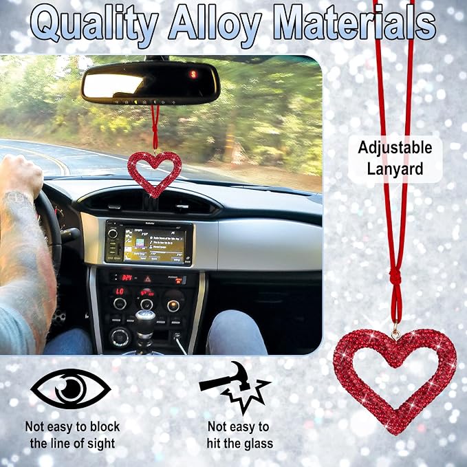 Bling Heart Car Hanging Accessories, Car Accessories for Women, Bling Rear View Mirror, Universal Bling Heart Diamond Car Accessories for Cars, Trucks, SUVs (Wine Red)