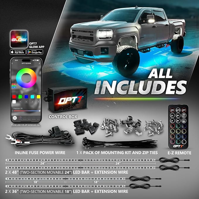 OPT7 Aura Pro RGB Aluminum Truck Underglow Kit with App & Remote Control | Waterproof Rigid Light Bars, Multicolor Music Sync Lighting, Exterior Offroad Lights, Pickup Trucks & Jeeps Accessories, 12V