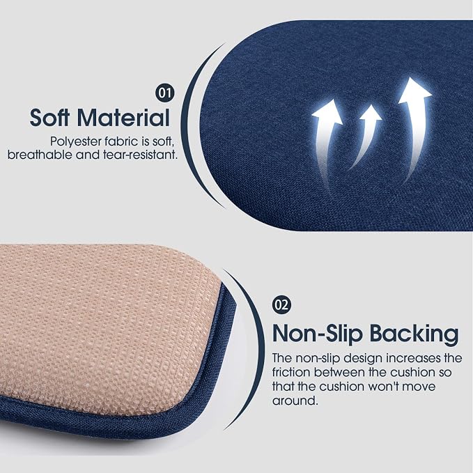 TushGuard Chair Cushions, 4 Pack Memory Foam Chair Pads, Thin Seat Cushion, Kitchen Chair Cushions Set of 4, Anti-Slip Backing & Fixed Straps, 1.4 in Thick, Navy Blue