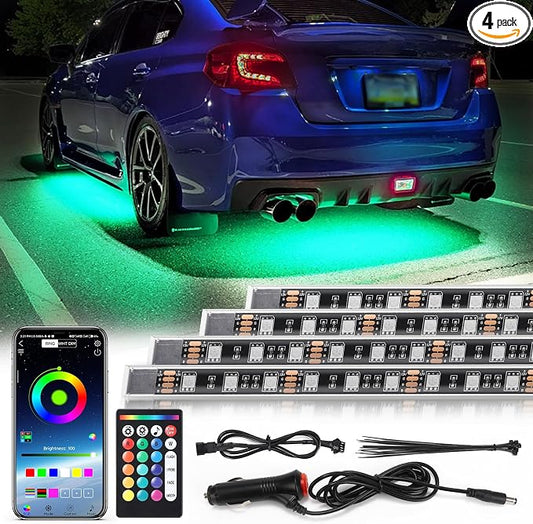 4 Pcs RGB Underglow LED Lights for Cars Truck SUV Golf Cart UTV ATV, 12V Waterproof Multicolor Underbody Neon Accent Strip Lights Kit with APP/RF Remote Control, Music Sync, Brake Lights