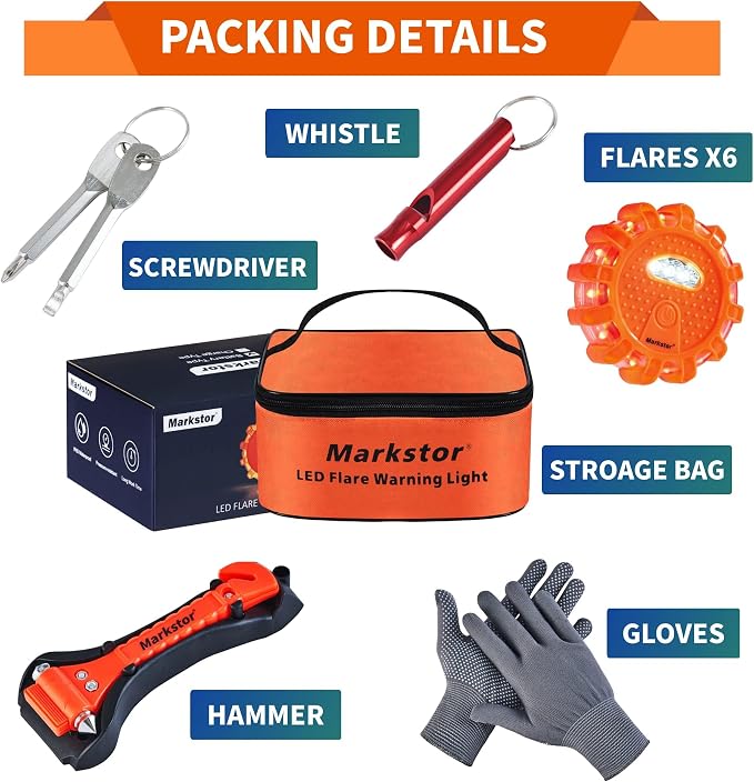 LED Road Flare Warning Light Full Emergency Safety Kit Battery Powered with Hammer Whistle Gloves