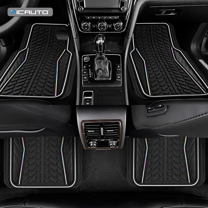 PIC AUTO Car Floor Mats, Black Aluminum-Molded with Full-Circle Iridescent Inlay Strip Car Mats, Universal-Fit Rubber Mats for Cars, Trucks & SUVs, All-Weather, Non-Slip, Easy-to-Clean Interior Mats