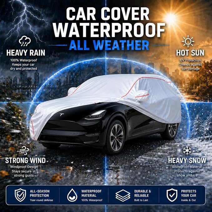 Waterproof All Weather Heavy Duty Vehicle Cover, 360° Underbody Wrap Windproof Design, Quick Install Outdoor Cover,（for Tesla Model Y 2020-2025）