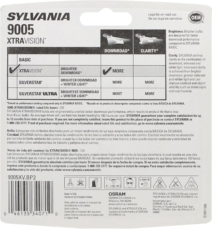 SYLVANIA - 9005 XtraVision Halogen Headlight Bulb - High-Performance Car Headlight - Halogen Light with No Glare - For Automotive - 2 Bulbs