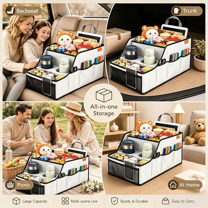 Car Seat Organizer Back Front Captains Seats Storage Travel | Car Organizer, Back Seat Car Organizer, Car Seat Organizer Front Seat – 9 Compartments, 2 Cup Holders – Foldable