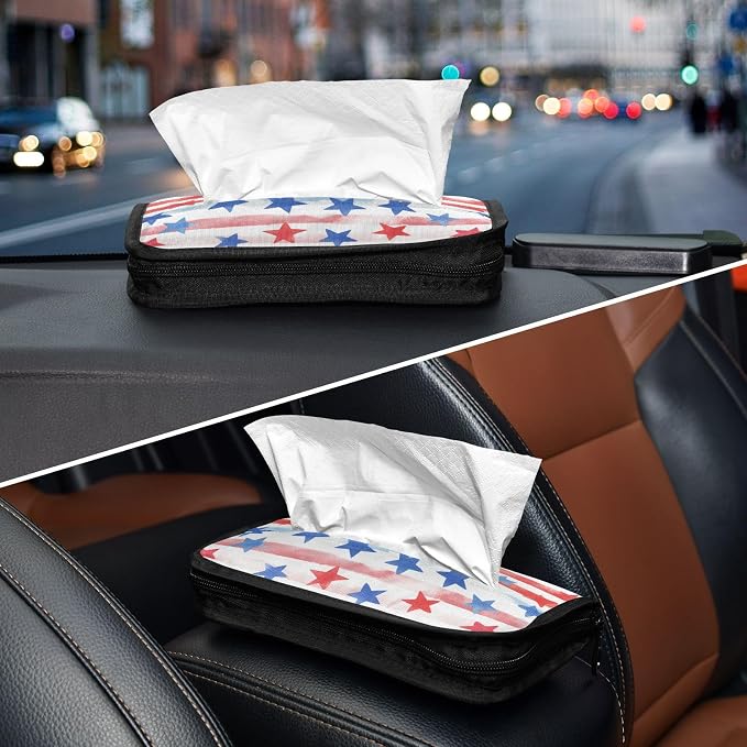 Car Visor Tissue Holder Mask Holder for Car, Car Tissue Box Sun Visor Napkin Holder Car Visor Accessories Adjustable Straps Reusable Durable Easy to Install July 4th Stripes Stars White