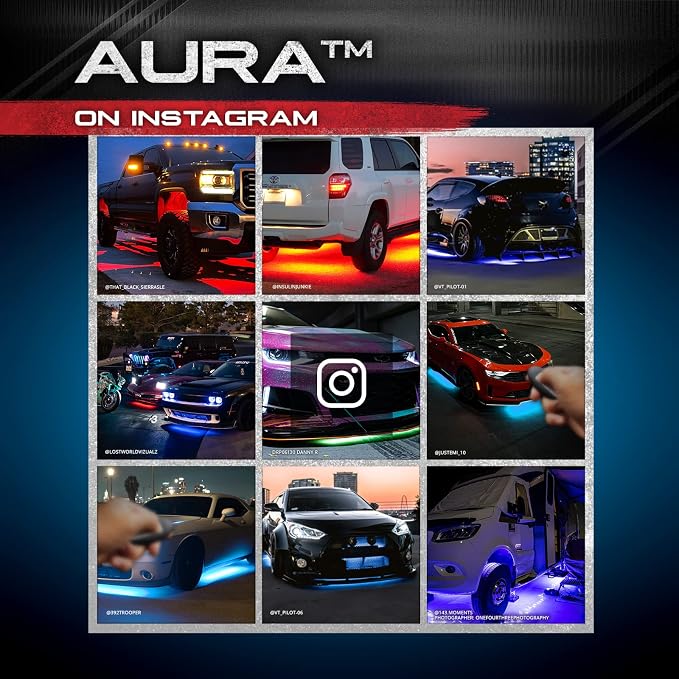 OPT7 Aura RGB Aluminum Car Underglow Kit with Remote Control | Waterproof Rigid LED Bars, Multicolor Underbody Lighting, Exterior Neon Accent Ground Lights, 12V Car Decor