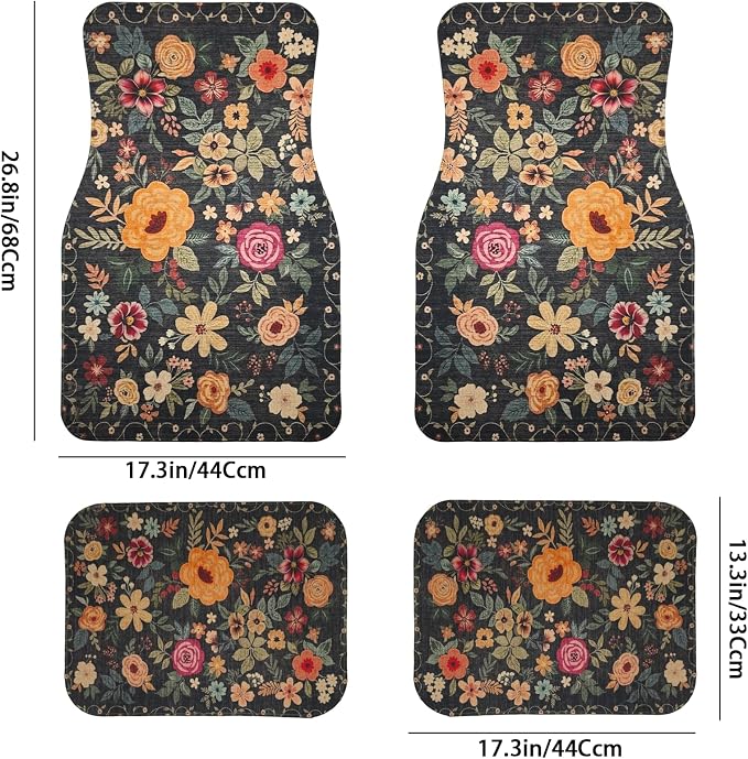 Premium Linen Boho Car Floor Mats Full Set, Vintage Floral Design | Waterproof & non-slip all-weather mats, universal fit for SUV Sedan, luxury car interior accessories for men and women
