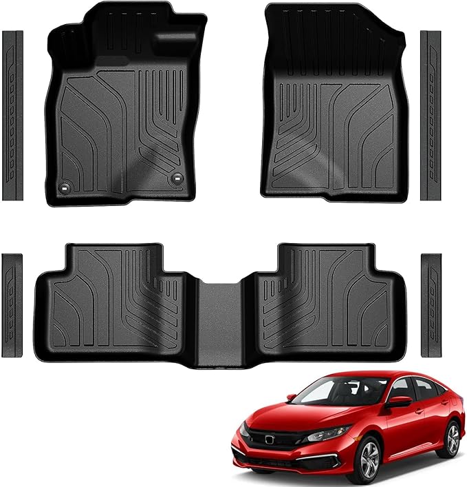 Floor Mats for 2016-2021 Honda Civic Sedan/Coupe/Type R/Insight | 2017-2021 Hatchback, All Weather Floor Liners & Door Sill Guards, Custom Fit Precise Coverage, Waterproof TPE Material