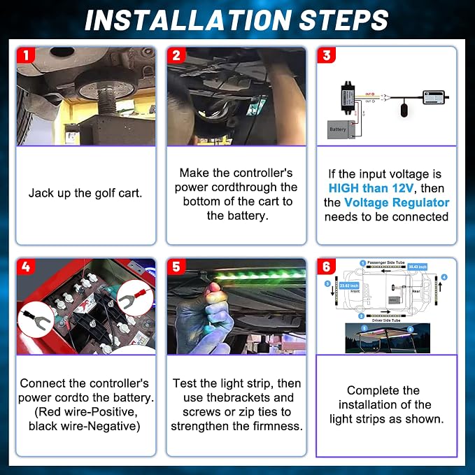 Golf Cart Underbody and Canopy LED Lights 6Pcs, 12V - 80V Input Golf Cart Underglow Light Kit Bluetooth APP Control for EZGO Club Car Yamaha, Music Mic Sync Modes (Included Voltage Reducer)