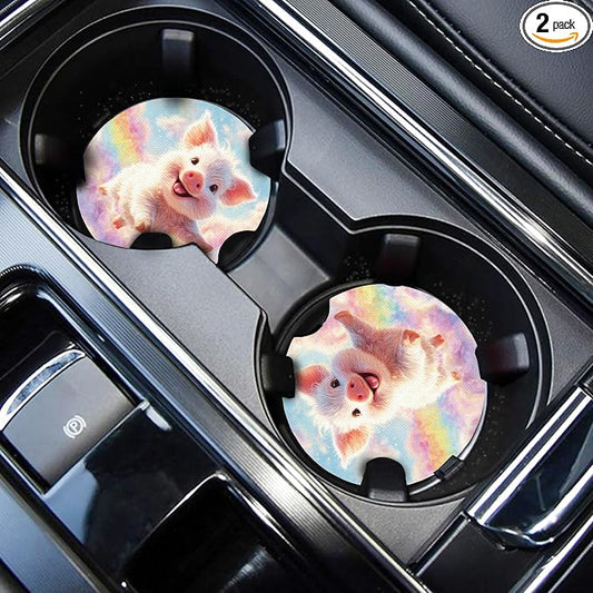 WOCOCN Cute Cup Holder Coasters for Your Car with Fingertip Grip, Auto Accessories for Women & Men,Pack of 2 (Cute Pigs)