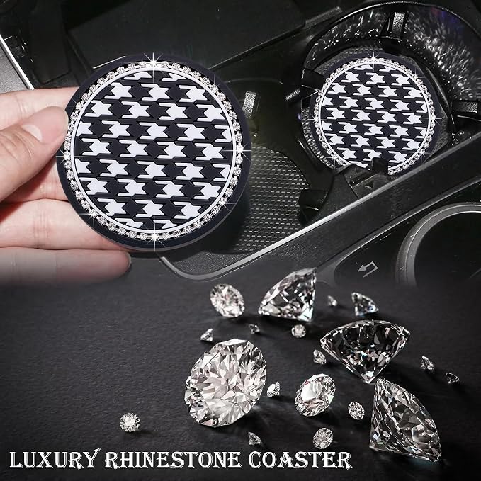 2PCS Sparkly Bling Car Cup Holder Inserts – 2.75 Inch Soft Silicone Coasters, Anti-Slip & Shockproof, Cute Vehicle Accessories for Women Girls (Houndstooth)