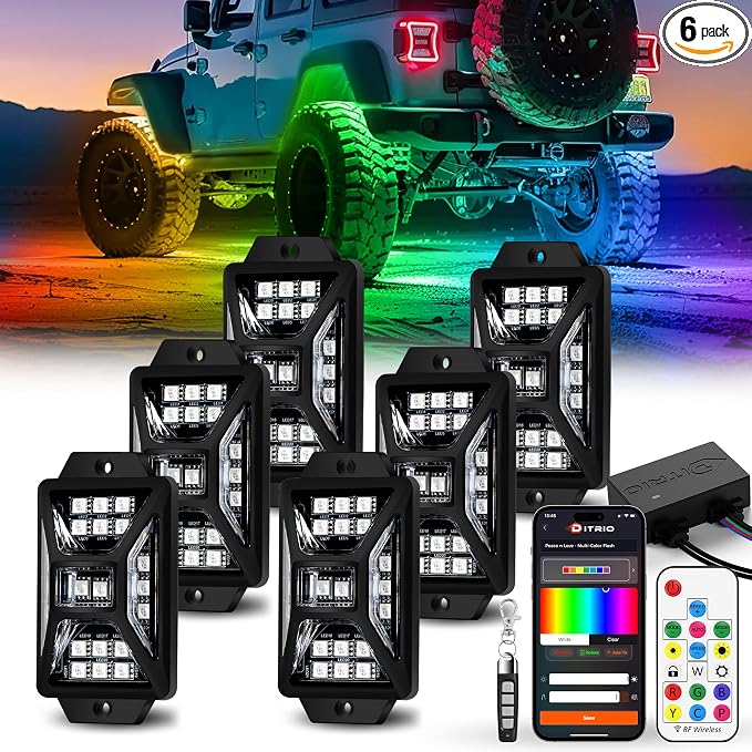 6 Pods Five Sided RGB Rock Lights for Trucks Jeep UTV SUV ATV Golf Cart, Multi Chasing Color App/Remote Control Led Rock Lights with Music Mode, Waterproof Exterior Underglow Kits for Cars