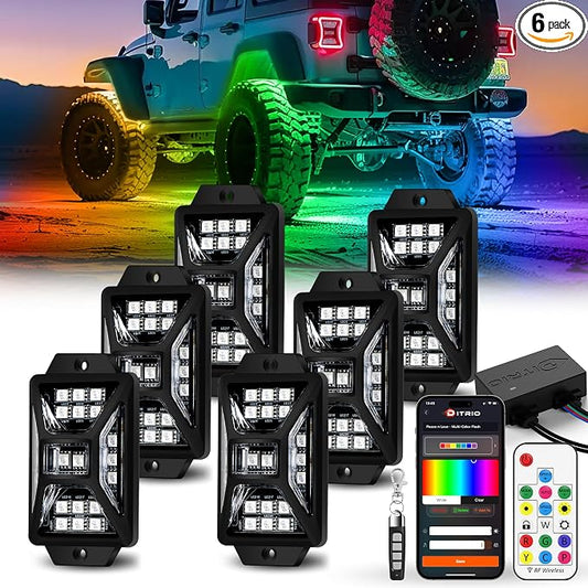 6 Pods Five Sided RGB Rock Lights for Trucks Jeep UTV SUV ATV Golf Cart, Multi Chasing Color App/Remote Control Led Rock Lights with Music Mode, Waterproof Exterior Underglow Kits for Cars