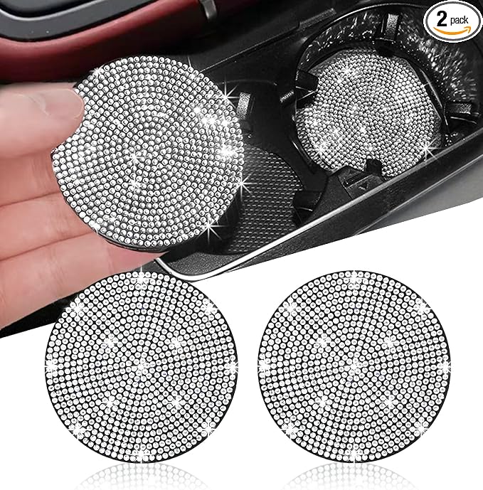 NBTEPEM 2pcs Bling Car Cup Holder Coaster, 2.75 inch Anti-Slip Shockproof Universal Fashion Coasters Insert Crystal Rhinestone Automotive Interior Accessories for Women (2 pcs, White)