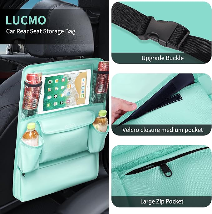 LUCMO Car Backseat Organizer with Touch Screen Tablet Holder, Light Blue | 9 Storage Pockets,Clear Tablet Holder,Protectors Kick Mats,Travel Accessories,Seat Cover,Road Trip Essentials