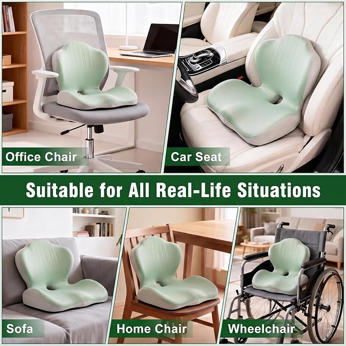 Car Seat Cushion with Lumbar Support Pillow, Memory Foam Office Chair Cushion for Back Pain Sciatica Pain Relief, Ergonomic L-Shaped Seat Cushion for Car Truck Driving Office Chair Home (Green Gray)