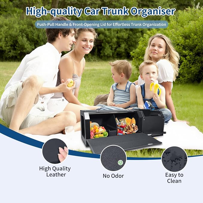 Car Trunk Organizer Waterproof Leather Car Trunk Storage Organizer | Suv Trunk Organizer with Lid and Sturdy Handle Car Organizer and Storage for Truck, Sedan (Black, 36.2 x 11.4 x 12.2in)