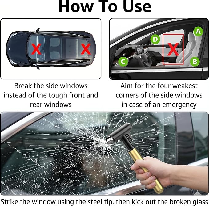 Alloy Car Window Breaker with KM46 Tungsten Tip, 3-in-1 Glass Breaker & Seatbelt Cutter & Escape Hammer Car Emergency Rescue Tools for Tesla Model 3/Y/S/X/Cybertruck Accessories (Gold)