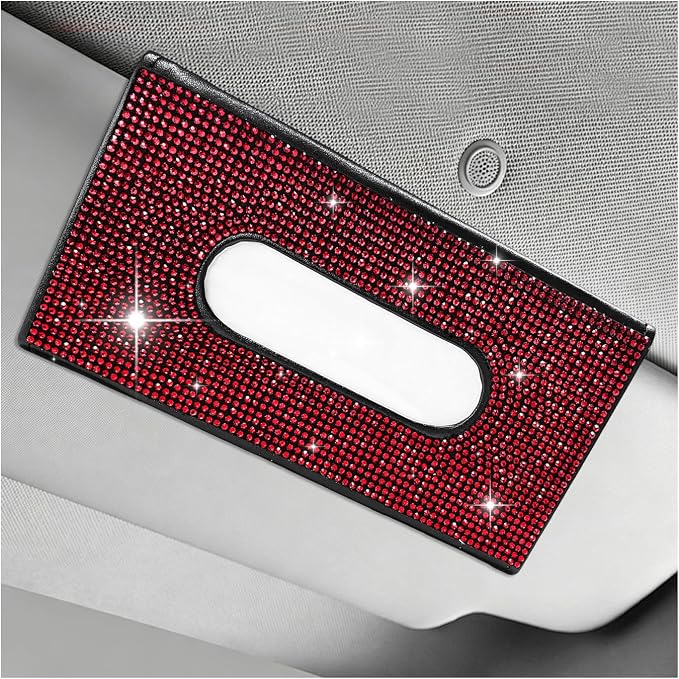 Bling Car Sun Visor Tissue Box Holder, Sparkling Auto Sun Visor Napkin Box Mask Holder, PU Leather Glitter Rhinestone Backseat Paper Towel Case for Cars Trucks SUVs (Red)