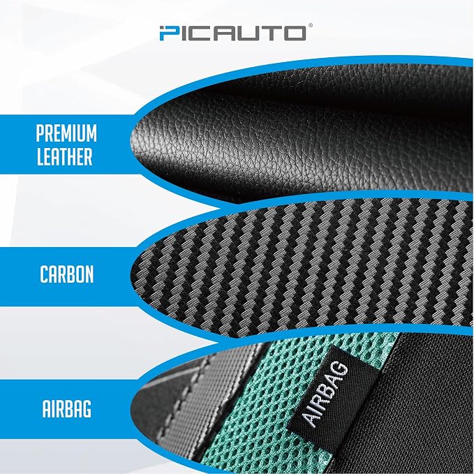 PIC AUTO Leather Car Seat Covers, Sports Carbon Fiber & Mesh Design, High-Back Front & Rear Full Set, Waterproof Automotive Seat Covers, Airbag Compatible, Universal Fit for Most Cars (Black & Mint)