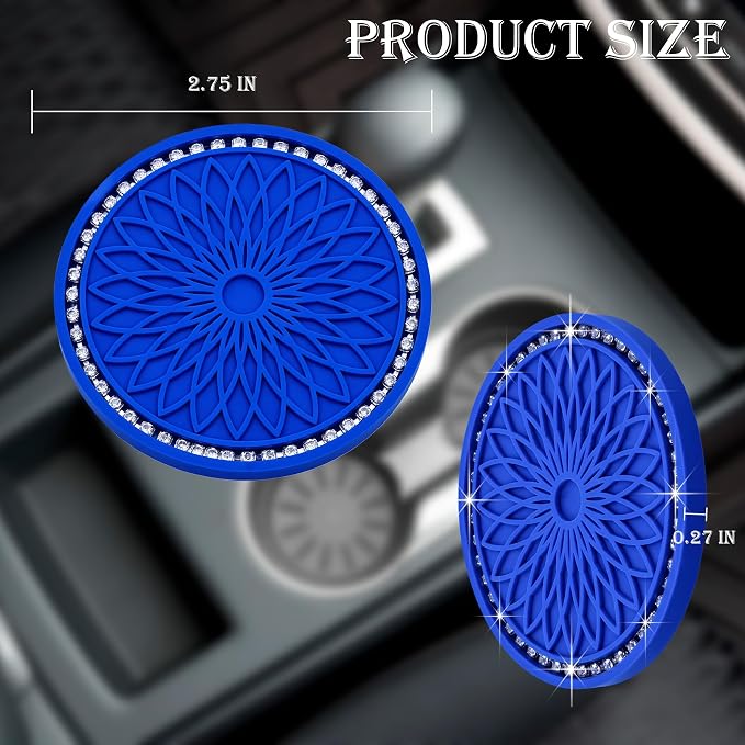 2PCS Bling Car Cup Holder Coasters, 2.75 Inch Silicone Anti-Slip Insert, Bling Shockproof Cup Mat for Women Girls, Universal Fit for Most Vehicles (Deep Blue & White)