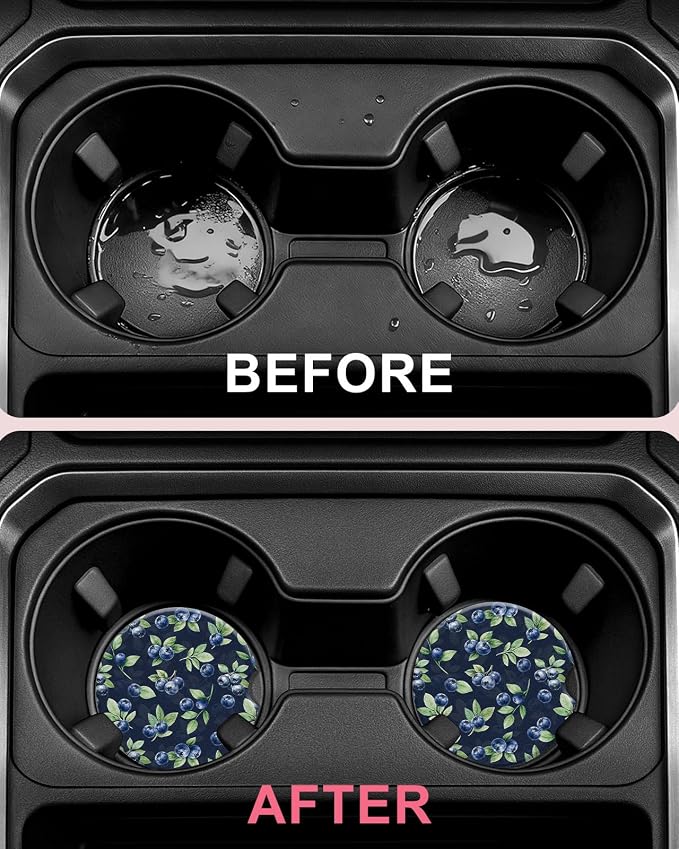 Swooflia Car Coasters for Women - Blueberry Ceramic Car Cupholder Coaster Absorbent Mat Coaster with Cork Base 2 Pack 2.55 inch Automotive Cup Holder Accessories New Driver Gifts for Decor
