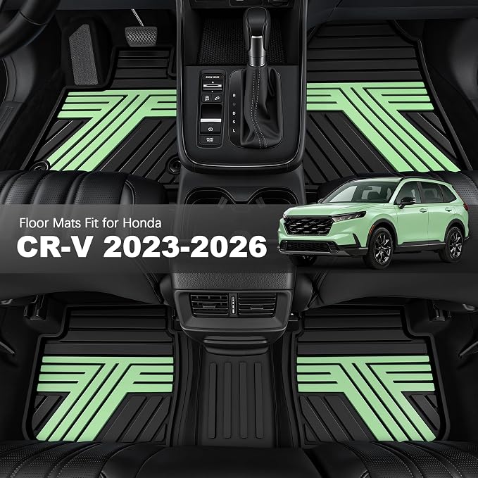 Rubber Floor Mats for Honda CR-V 2026 2025 2024 2023 (Gasoline & Hybrid) | All Weather Custom Fit Heavy Duty Car Mats for CRV, 1st & 2nd Row, Black & Green