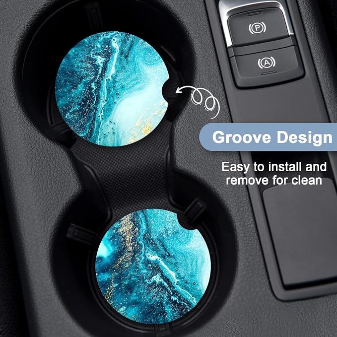 Nipichsha Car Coasters for Cup Holders, 2 Pack Absorbent Ceramic Car Cup Holder Coaster for Drinks, Cute Auto Assecories for Women Men, Size 2.56 in with Finger Notch & Cork Base, Blue Marble
