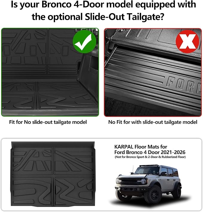 KARPAL Floor Mats for 2021-2025 2026 Ford Bronco 4 Door (Not fit Sport), Custom Fit TPE All Weather Ford Bronco Accessories 1st&2nd Row Floor Liner & Cargo Liner Backrest Mat