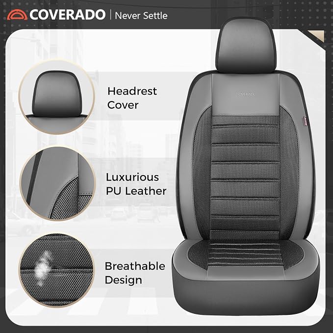 Coverado Car Seat Covers Full Set, Luxury Leather Car Seat Protector, Automotive Front and Rear Mesh Seat Covers, Full Set 5 Seats, Black Gray Seat Cushion for SUV Sedan Truck